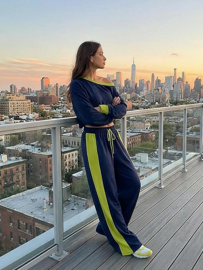 Women's Fashionable Navy Blue Color-block Off-the-shoulder Top And Wide-leg Pants Casual Set