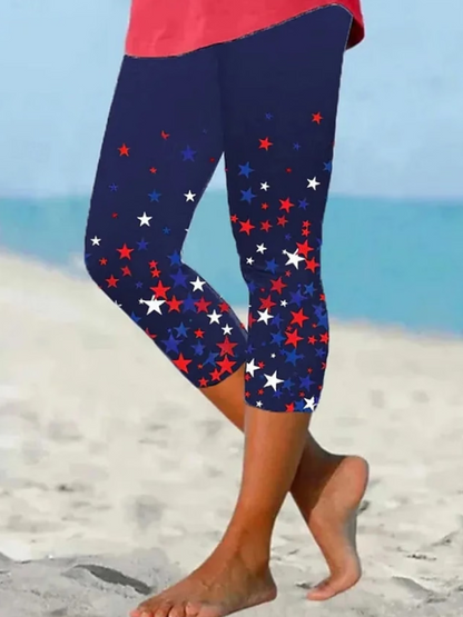 Women Independence Day (Flag) Capris Elastic Waist Pants Casual Summer Trousers