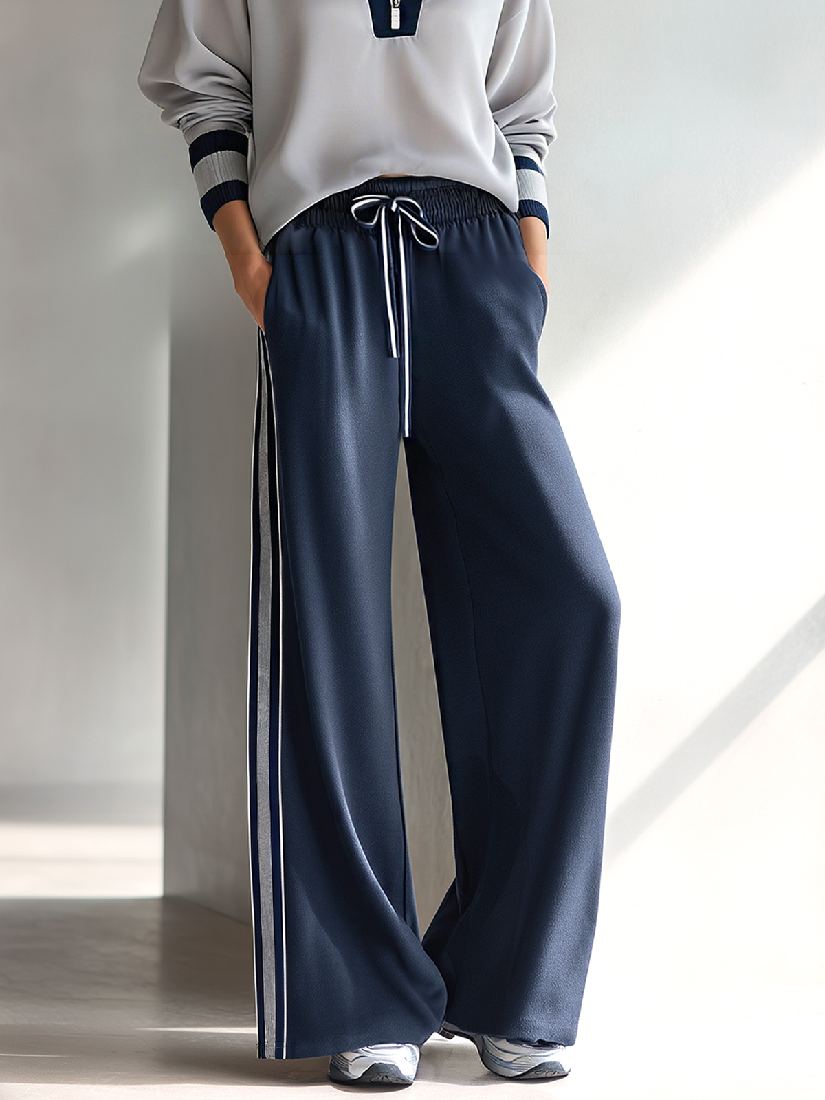 Women's Fashionable Casual Grey And Navy Blue Half-zip Top And Trousers Set