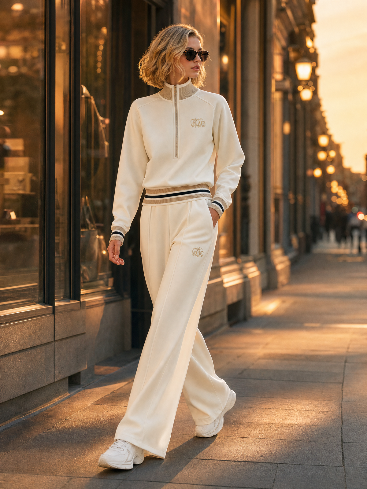 Women's Casual Off-White Embroidered Half-Zip Stand Collar Sweatshirt Set