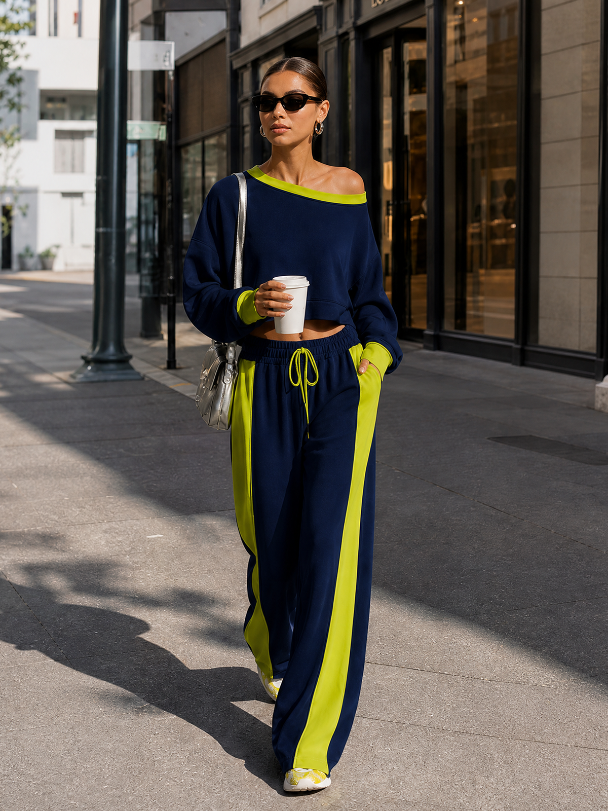 Women's Fashionable Navy Blue Color-block Off-the-shoulder Top And Wide-leg Pants Casual Set