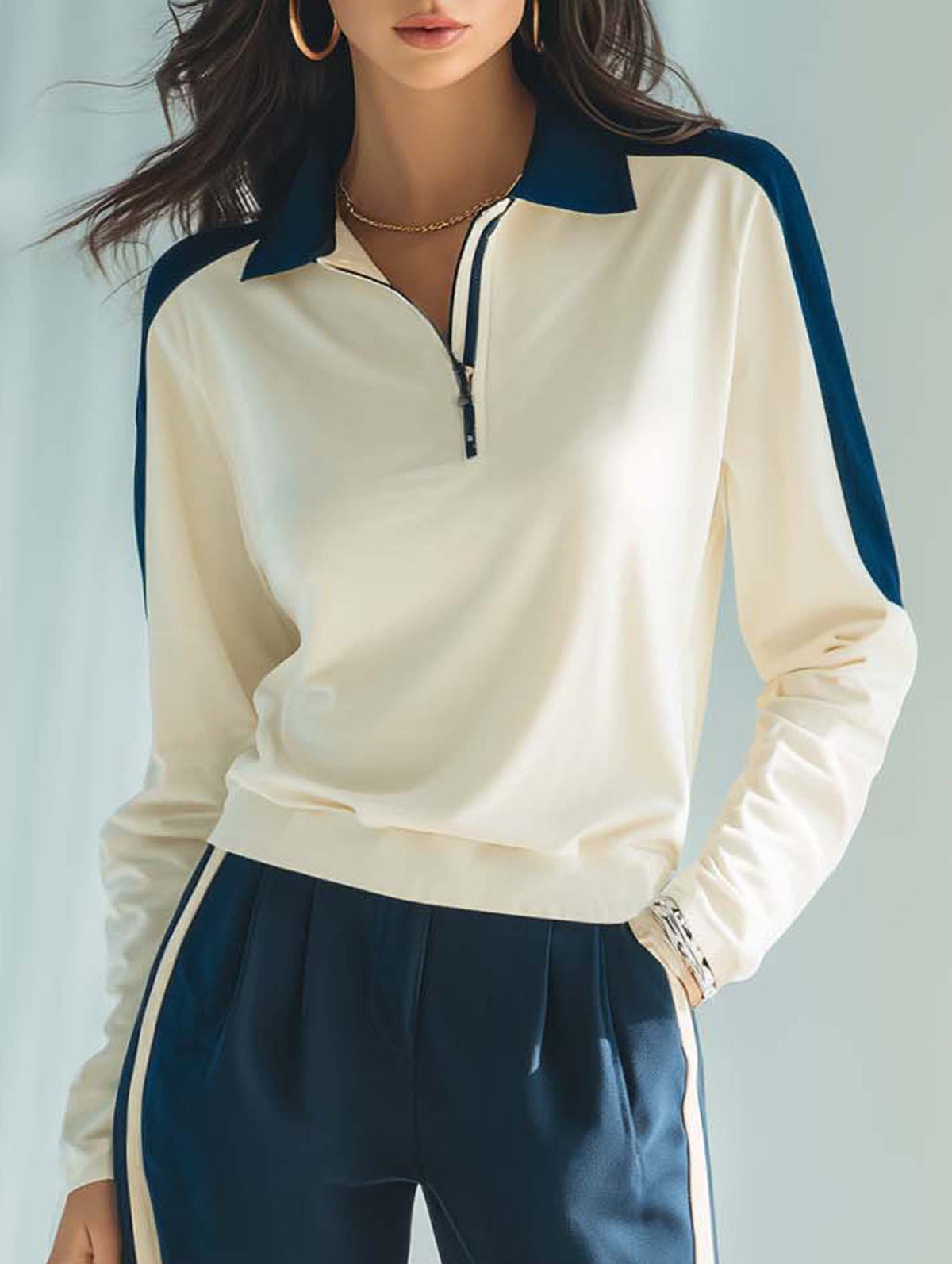 Women's Stylish Casual Outfit: White Collared Top And Dark Blue Trousers Set