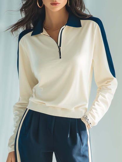 Women's Stylish Casual Outfit: White Collared Top And Dark Blue Trousers Set