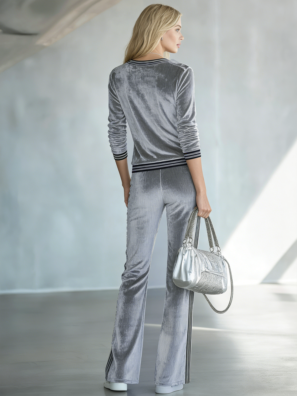 Women's Silver-gray Velvet V-neck Top And Trousers Set With Black Stripes