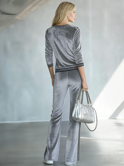 Women's Silver-gray Velvet V-neck Top And Trousers Set With Black Stripes
