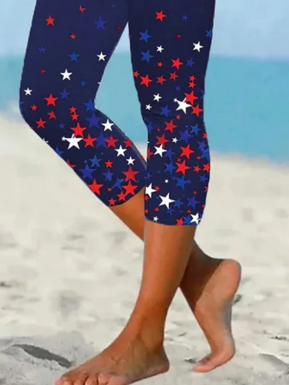 Women Independence Day (Flag) Capris Elastic Waist Pants Casual Summer Trousers