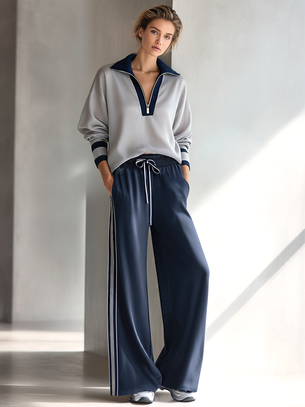 Women's Fashionable Casual Grey And Navy Blue Half-zip Top And Trousers Set
