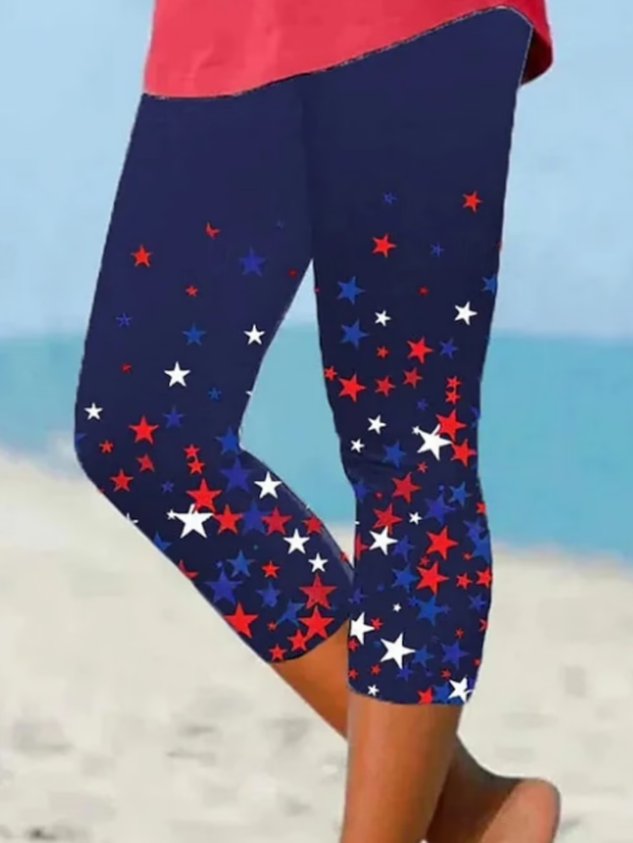 Women Independence Day (Flag) Capris Elastic Waist Pants Casual Summer Trousers