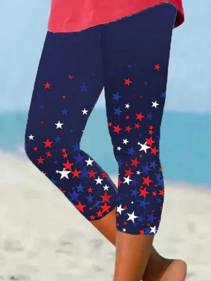 Women Independence Day (Flag) Capris Elastic Waist Pants Casual Summer Trousers