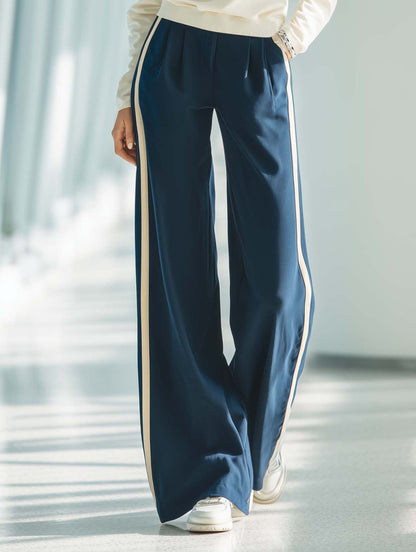 Women's Stylish Casual Outfit: White Collared Top And Dark Blue Trousers Set