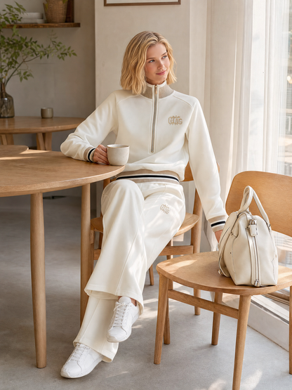 Women's Casual Off-White Embroidered Half-Zip Stand Collar Sweatshirt Set
