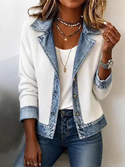 Women Spring/Fall Outerwear Vintage Split Joint Contrast Stitching Long Sleeve Lapel Collar Jacket