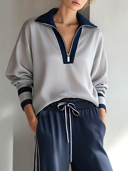 Women's Fashionable Casual Grey And Navy Blue Half-zip Top And Trousers Set