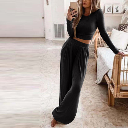 Womens Solid Color Knitted Casual Two Piece Suit SIZE S-3XL