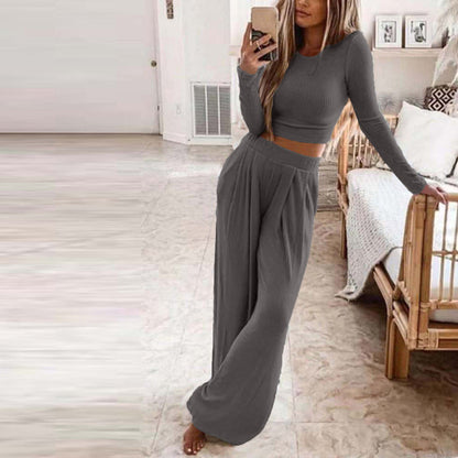 Womens Solid Color Knitted Casual Two Piece Suit SIZE S-3XL
