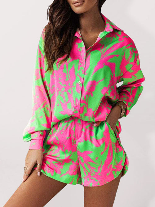Womens Bright Printed Long Sleeve Notch Collar Top And Short Set SIZE S-2XL