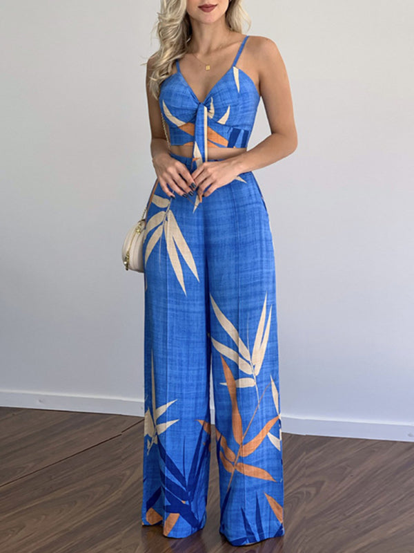 Womens V Neck High Waist Printed Wide Leg Pants SIZE S-XL