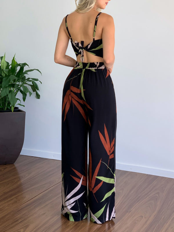 Womens V Neck High Waist Printed Wide Leg Pants SIZE S-XL