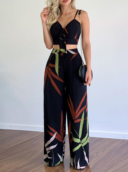 Womens V Neck High Waist Printed Wide Leg Pants SIZE S-XL