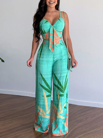 Womens V Neck High Waist Printed Wide Leg Pants SIZE S-XL