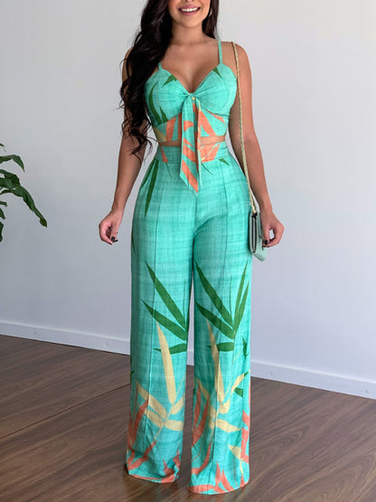 Womens V Neck High Waist Printed Wide Leg Pants SIZE S-XL