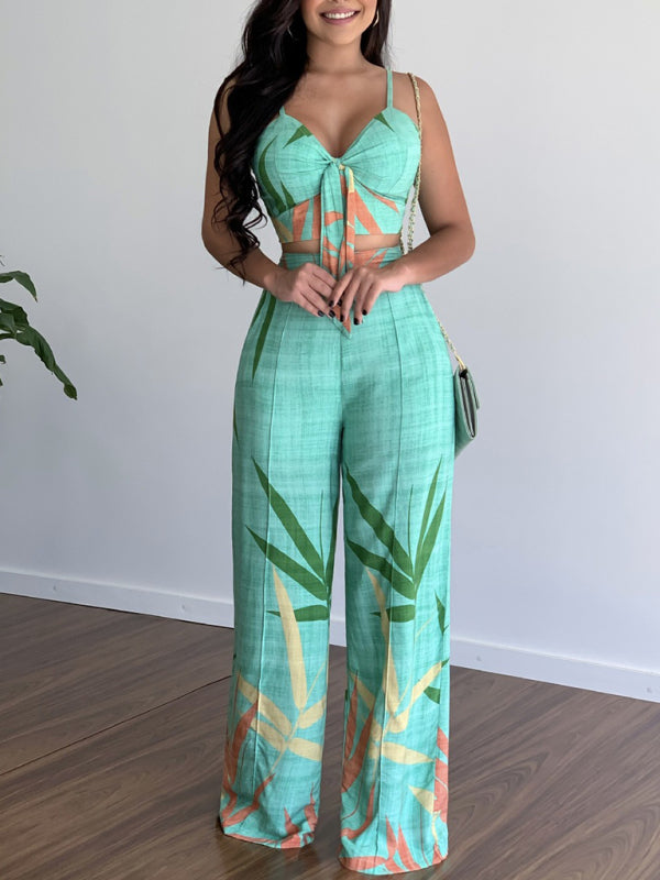 Womens V Neck High Waist Printed Wide Leg Pants SIZE S-XL