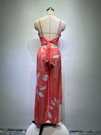 Womens V Neck High Waist Printed Wide Leg Pants SIZE S-XL