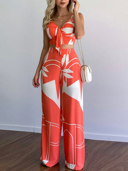 Womens V Neck High Waist Printed Wide Leg Pants SIZE S-XL