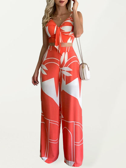 Womens V Neck High Waist Printed Wide Leg Pants SIZE S-XL