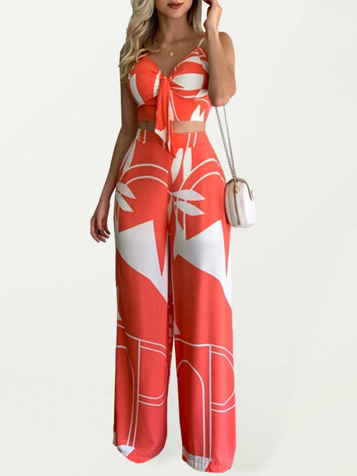 Womens V Neck High Waist Printed Wide Leg Pants SIZE S-XL