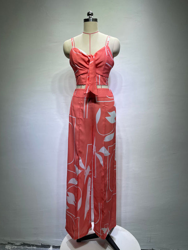 Womens V Neck High Waist Printed Wide Leg Pants SIZE S-XL