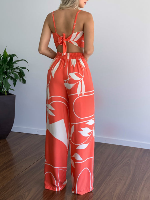 Womens V Neck High Waist Printed Wide Leg Pants SIZE S-XL