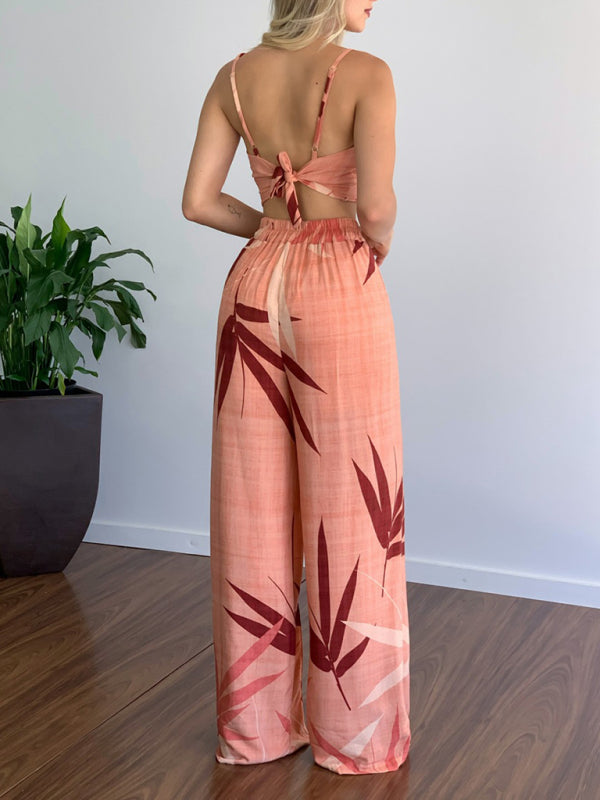 Womens V Neck High Waist Printed Wide Leg Pants SIZE S-XL