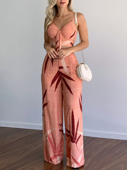 Womens V Neck High Waist Printed Wide Leg Pants SIZE S-XL