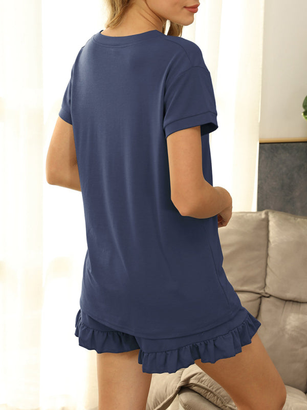 Womens V Neck Short Sleeve Tee With Ruffle Hem Shorts SIZE S-XL