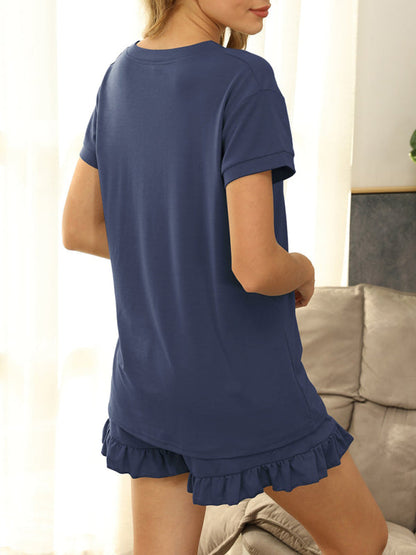 Womens V Neck Short Sleeve Tee With Ruffle Hem Shorts SIZE S-XL