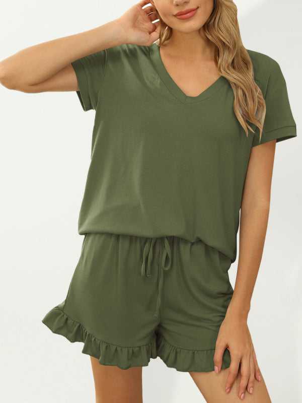 Womens V Neck Short Sleeve Tee With Ruffle Hem Shorts SIZE S-XL