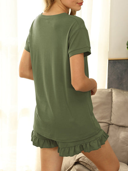 Womens V Neck Short Sleeve Tee With Ruffle Hem Shorts SIZE S-XL
