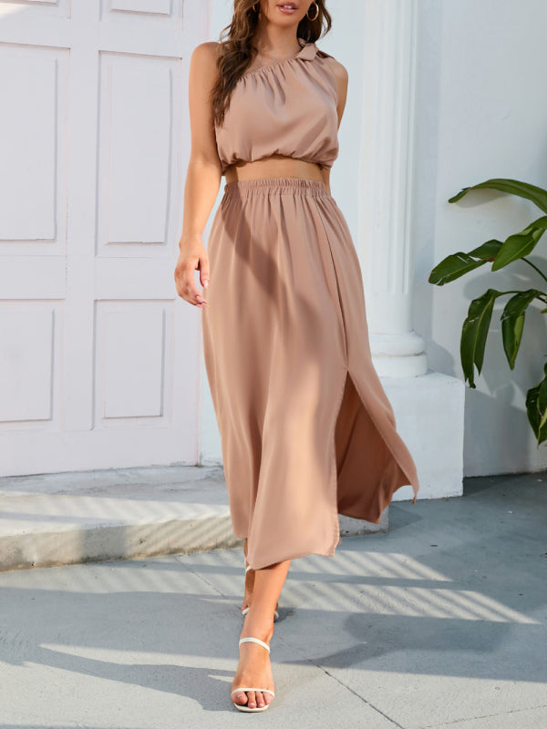 Womens Solid Color Tie Shoulder Crop Top Matching Skirt Set SIZE S-2XL