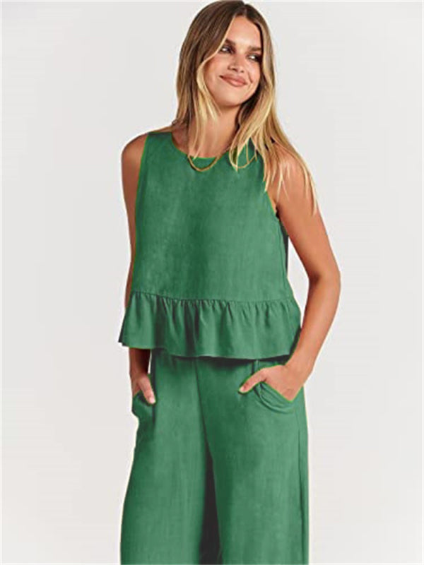 Womens Sleeveless Pleated Top Wide Leg Cropped Pants SIZE S-2XL