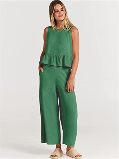 Womens Sleeveless Pleated Top Wide Leg Cropped Pants SIZE S-2XL