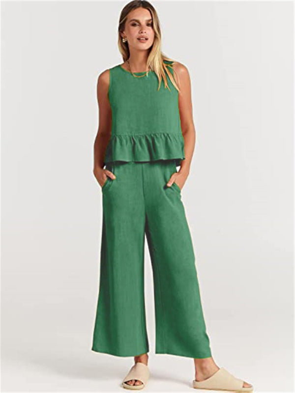 Womens Sleeveless Pleated Top Wide Leg Cropped Pants SIZE S-2XL