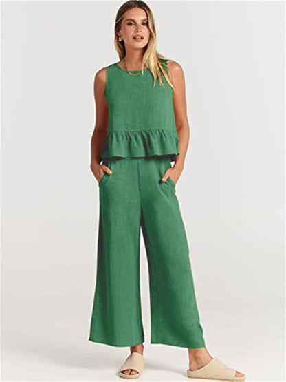 Womens Sleeveless Pleated Top Wide Leg Cropped Pants SIZE S-2XL