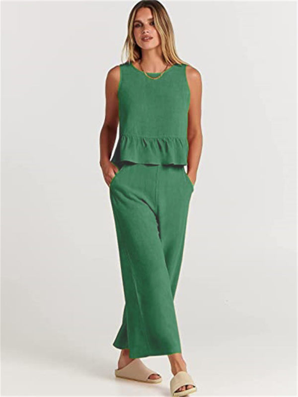 Womens Sleeveless Pleated Top Wide Leg Cropped Pants SIZE S-2XL