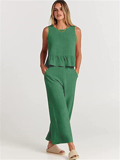 Womens Sleeveless Pleated Top Wide Leg Cropped Pants SIZE S-2XL