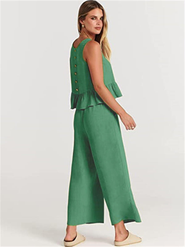 Womens Sleeveless Pleated Top Wide Leg Cropped Pants SIZE S-2XL