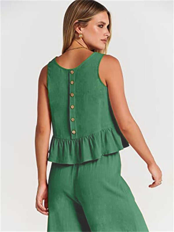 Womens Sleeveless Pleated Top Wide Leg Cropped Pants SIZE S-2XL