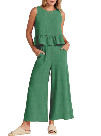 Womens Sleeveless Pleated Top Wide Leg Cropped Pants SIZE S-2XL