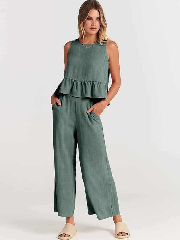 Womens Sleeveless Pleated Top Wide Leg Cropped Pants SIZE S-2XL