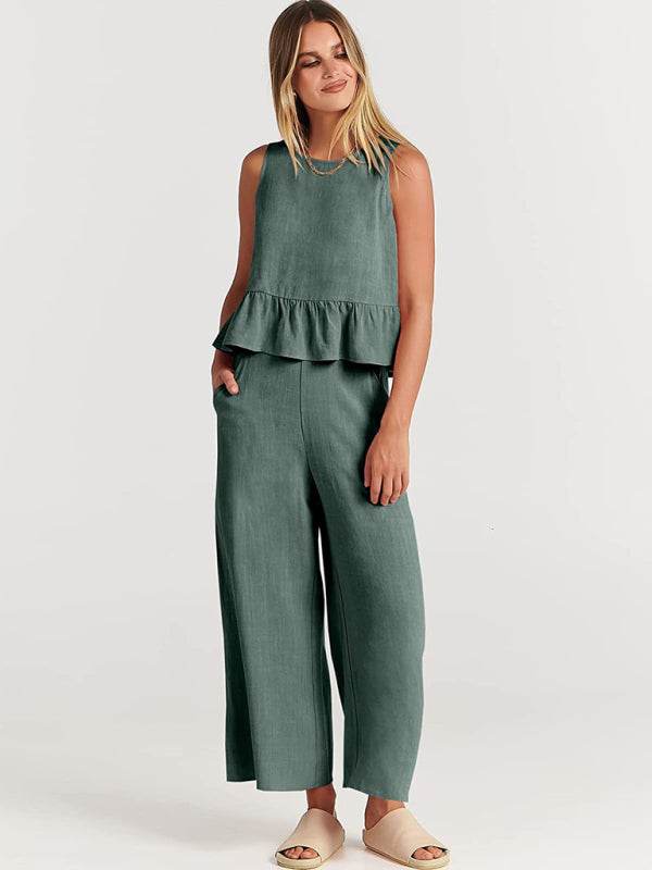 Womens Sleeveless Pleated Top Wide Leg Cropped Pants SIZE S-2XL